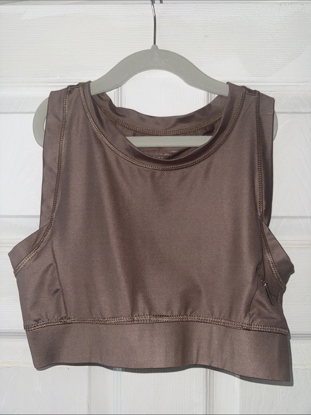 Tahari Brown Satin-Look Crop Sports Bra